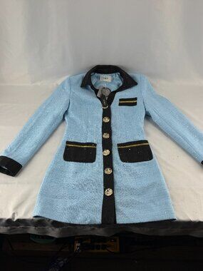 Oyrosy Blue Tweed Glitter Long Blazer Jacket Gold Buttons Size XS New